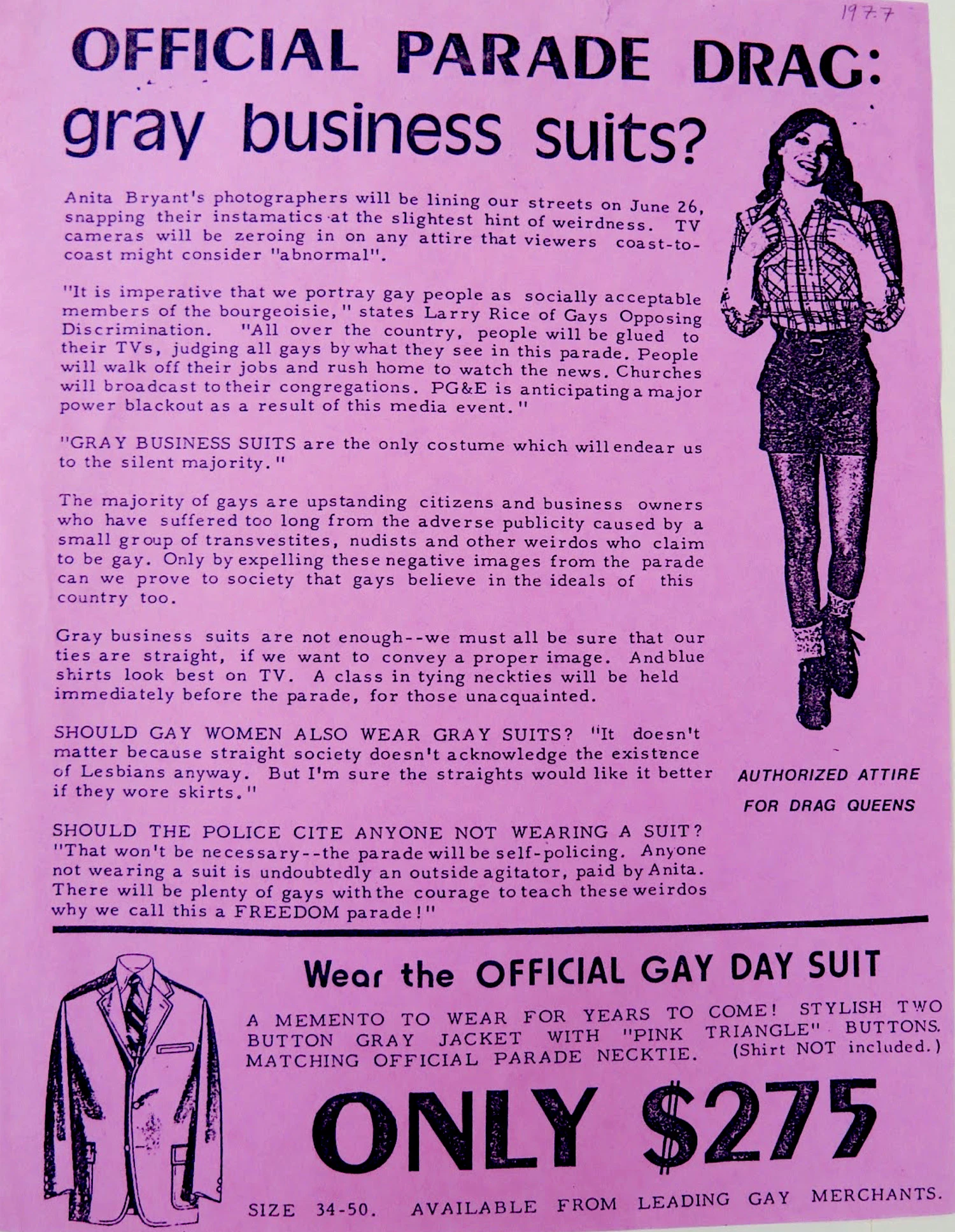 Flyer urging marchers to obtain their official gray business suits