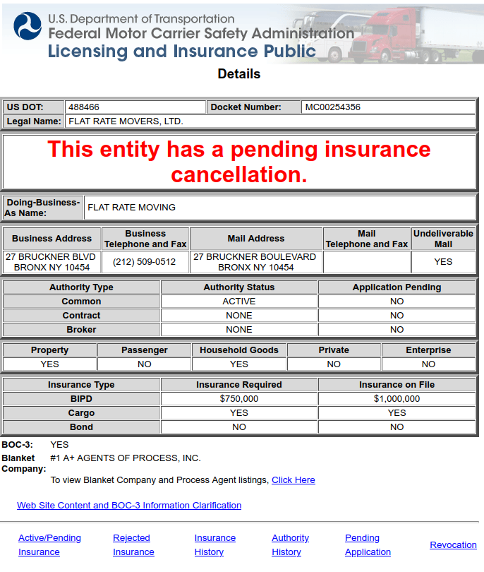 A screenshot of the FMCSA page, with links at the bottom