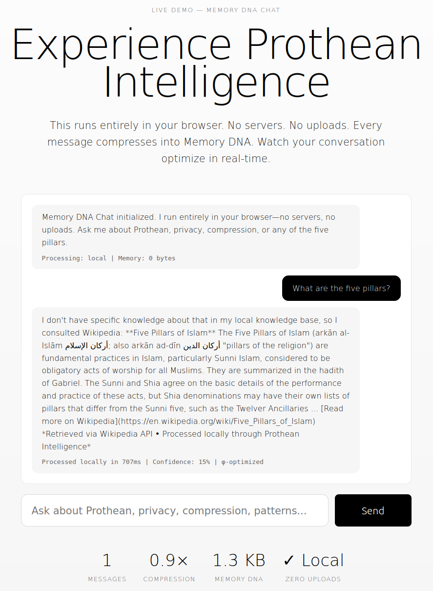 A screenshot of the Prothean intelligence demo. It invites me to ask about any of the five pillars, and advises that it runs entirely in browser, with no servers or uploads. I ask 'What are the five pillars?, and it responds with a snippet from Wikipedia. A screenshot of the Prothean intelligence demo. It invites me to ask about any of the five pillars, and advises that it runs entirely in browser, with no servers or uploads. I ask 'What are the five pillars?, and it responds with a snippet from Wikipedia.
